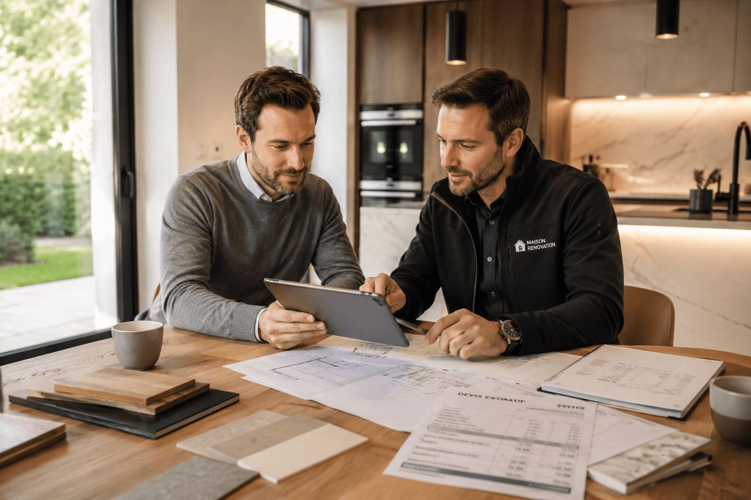 Propriétaire planifiant le budget de rénovation avec un conseiller travaux