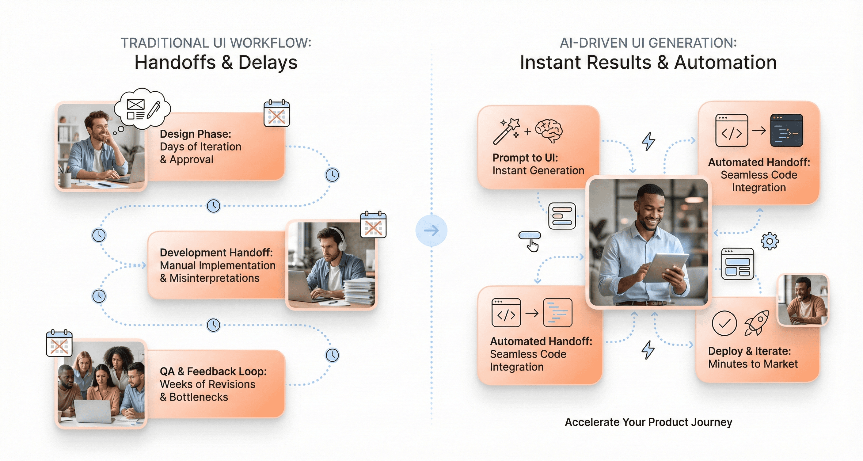 Comparison of traditional SaaS frontend development versus AI-driven UI generation showing faster workflows and reduced manual handoffs
