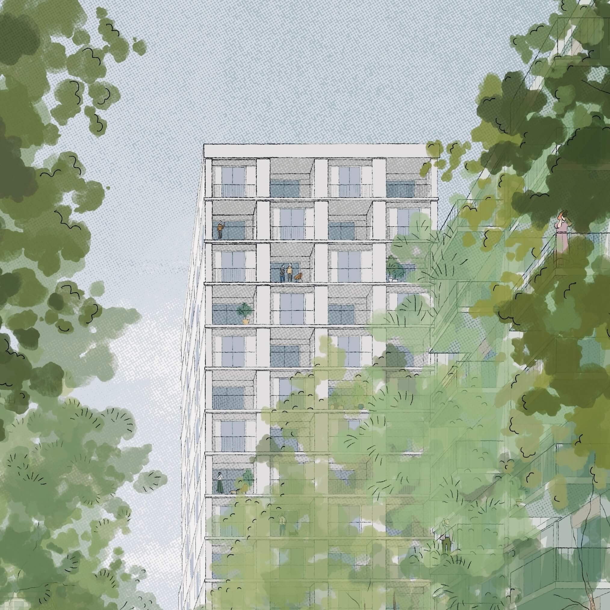 A tall building is partially visible behind lush green trees under a clear sky.