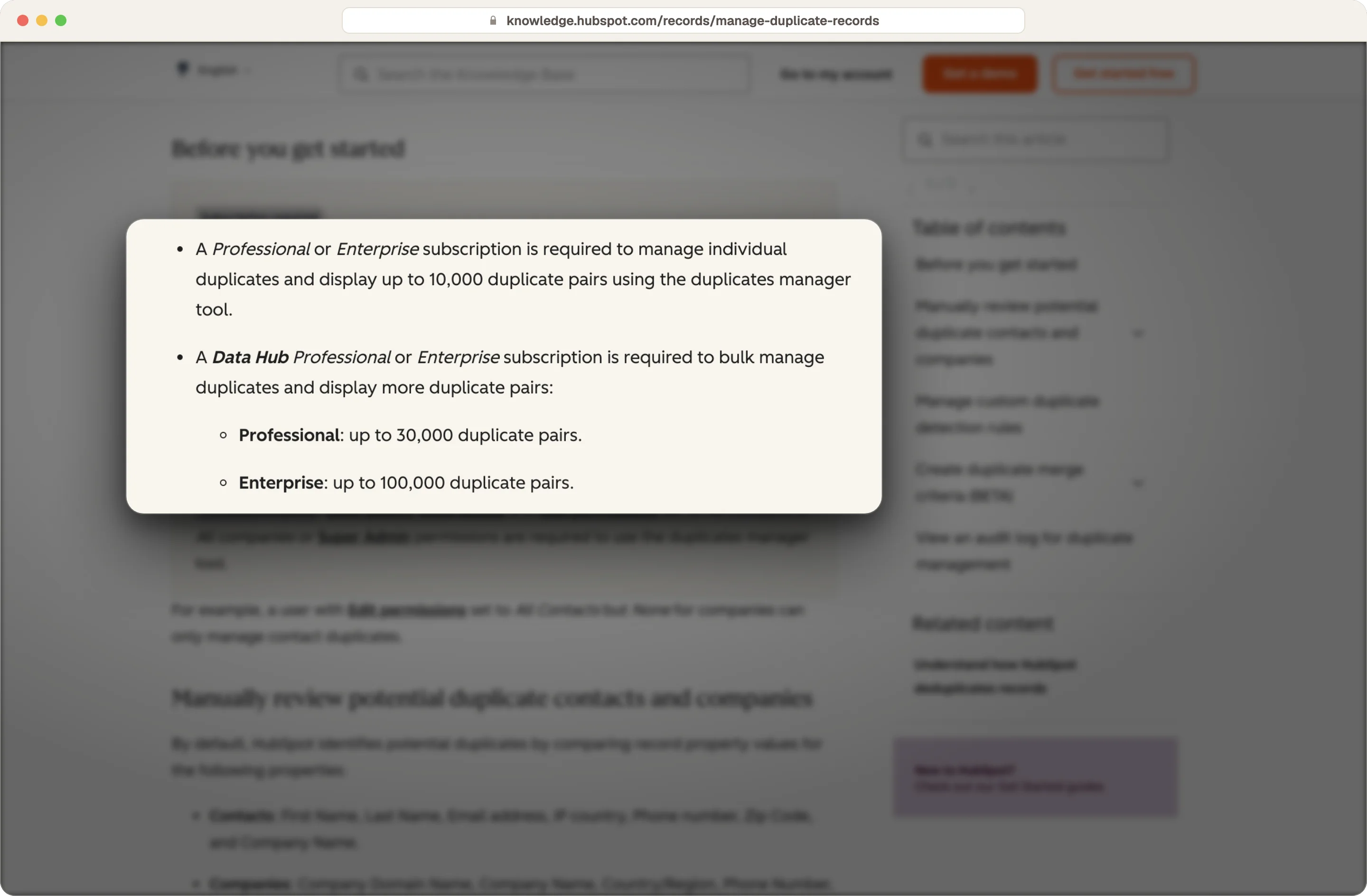 HubSpot duplicate manager limits: 10,000 pairs on Professional, 30,000 or 100,000 with Data Hub