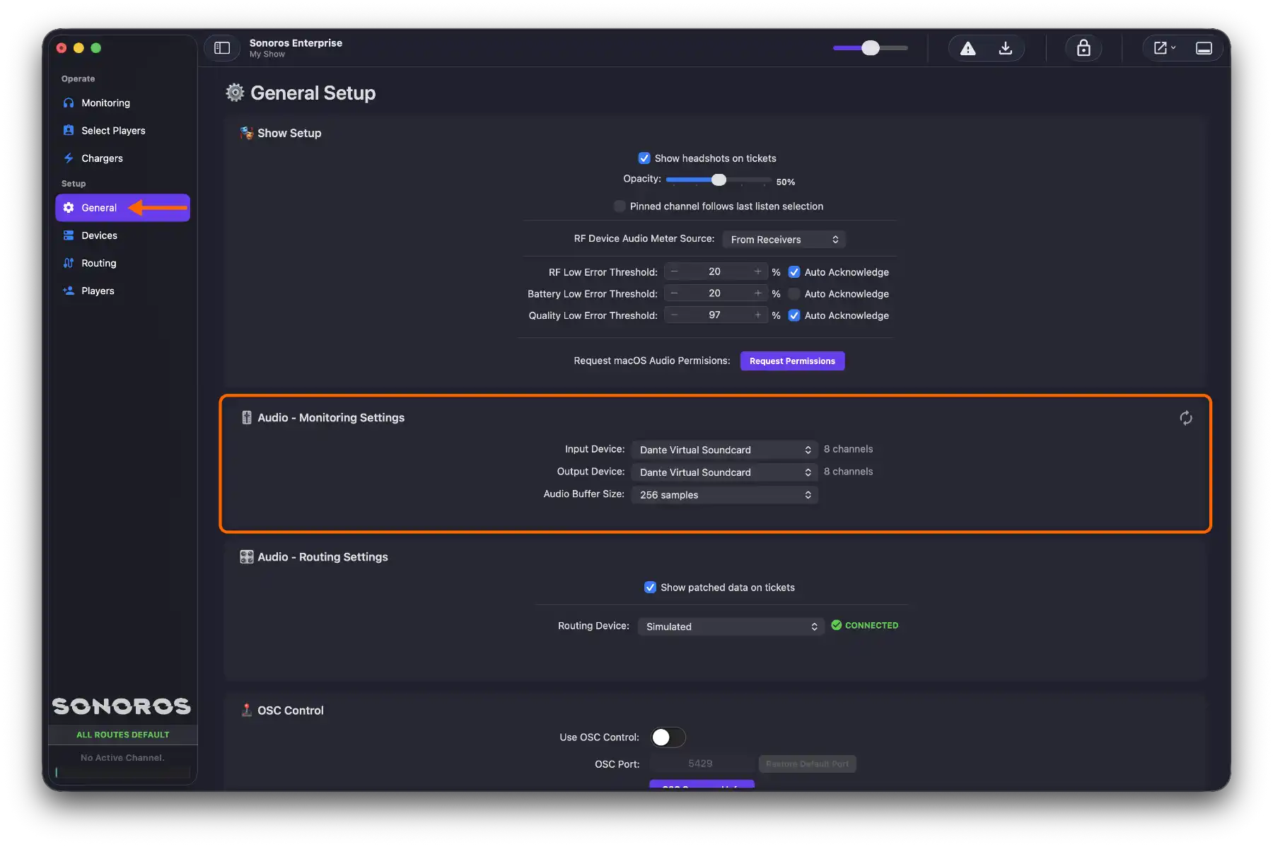 Setup your audio devices from the General tab
