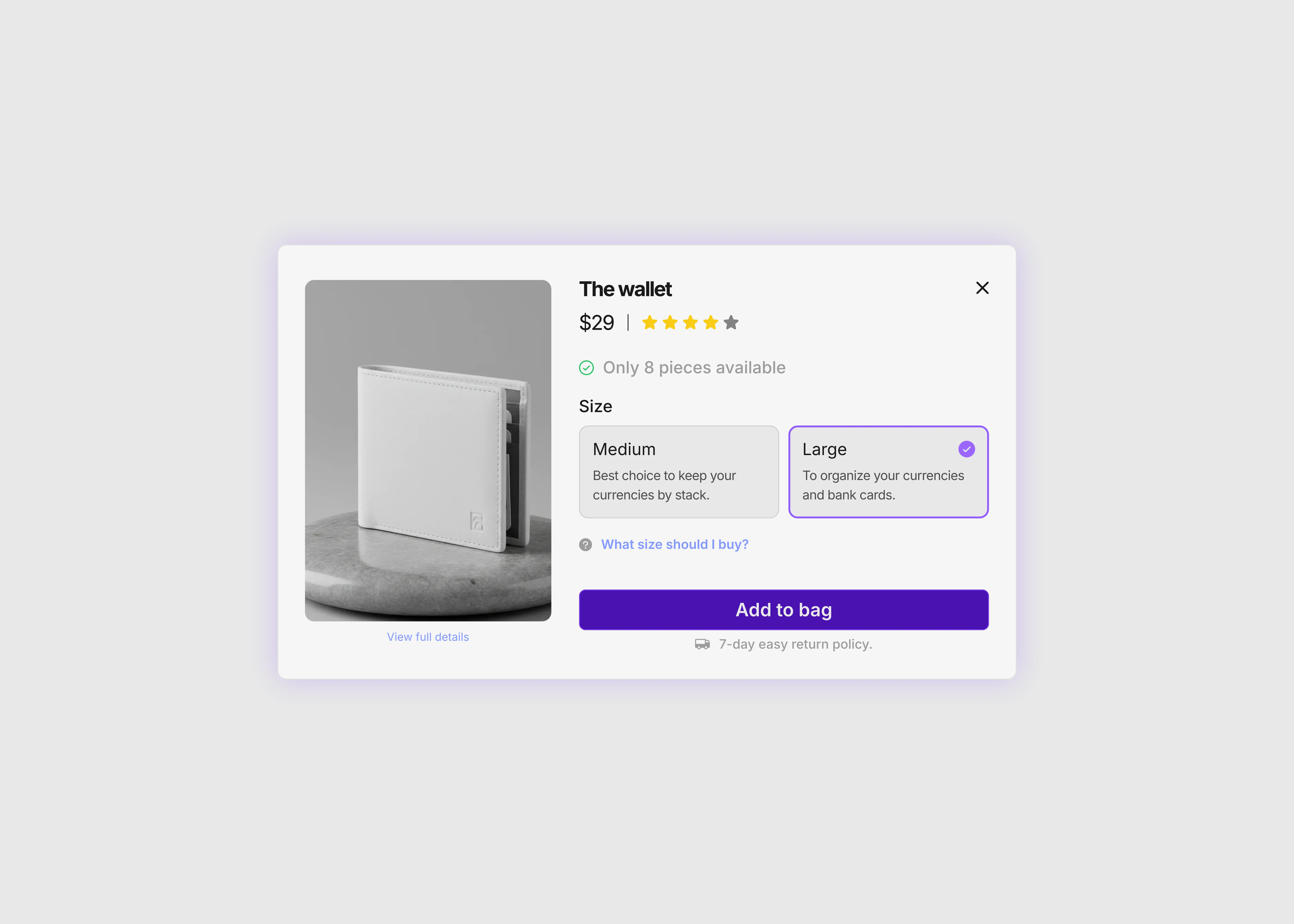 A complex product quick view pop up interface in light theme