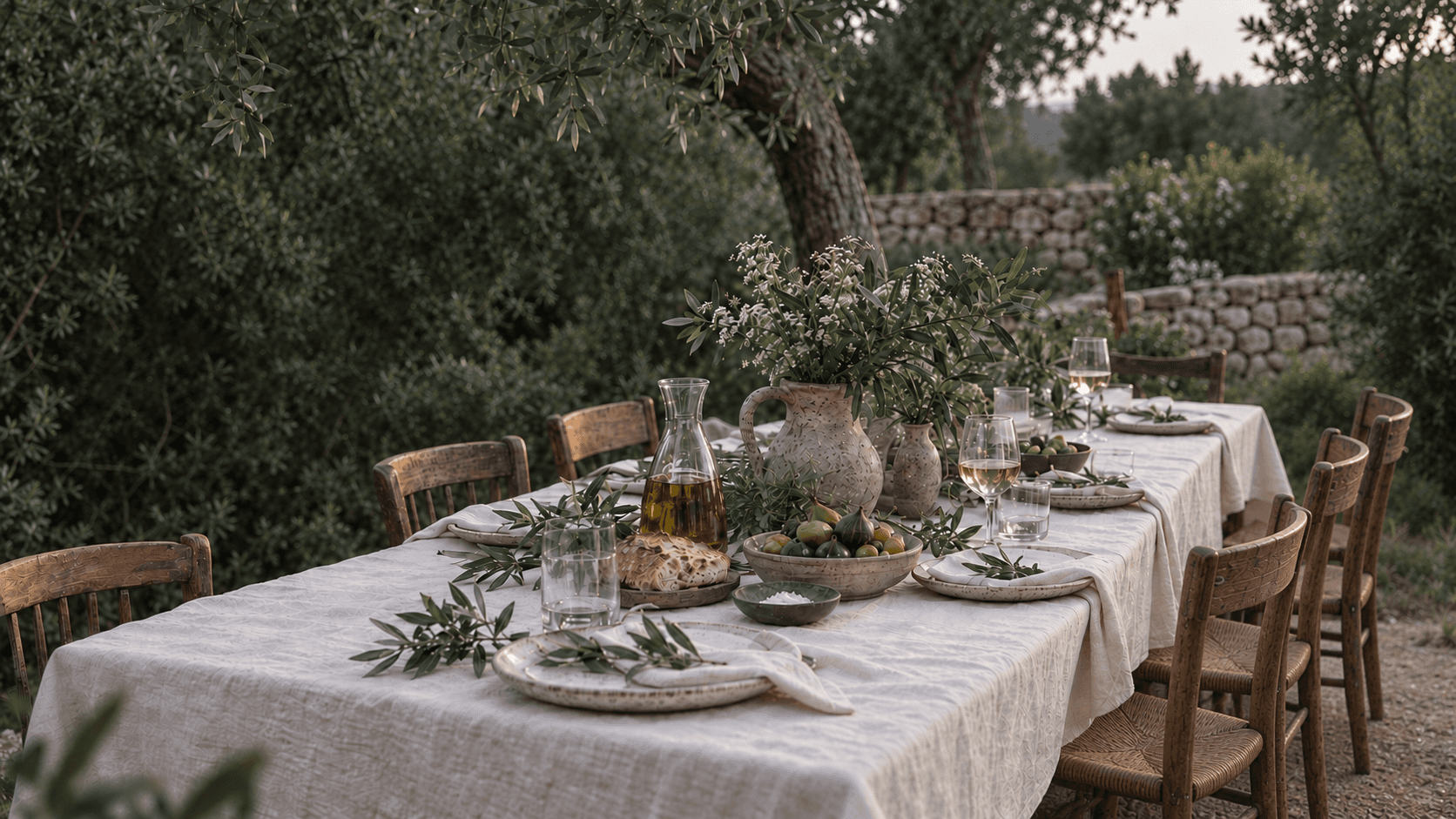 A table with olive oil in soft evening light in an olive grove, imagined atmosphere