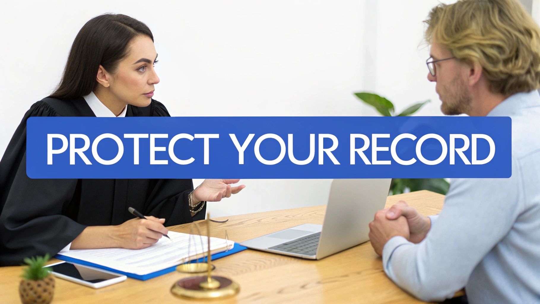 Female lawyer advises male client on legal matters, with text 'PROTECT YOUR RECORD' on screen.