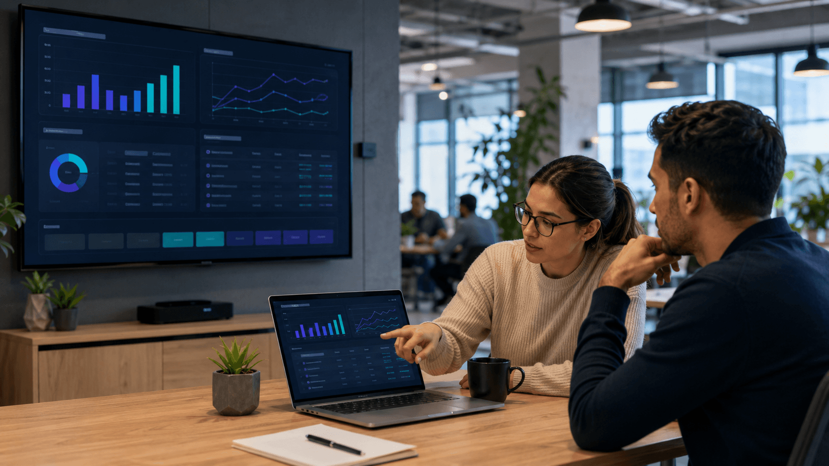 Two professionals reviewing AI infrastructure diagrams in a modern workspace, comparing cloud deployment, self-hosted architecture, and model access options on a glass board.