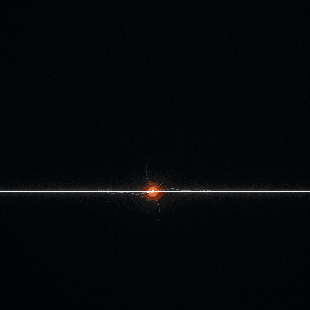 A single thin orange line bisecting deep black space, broken at center