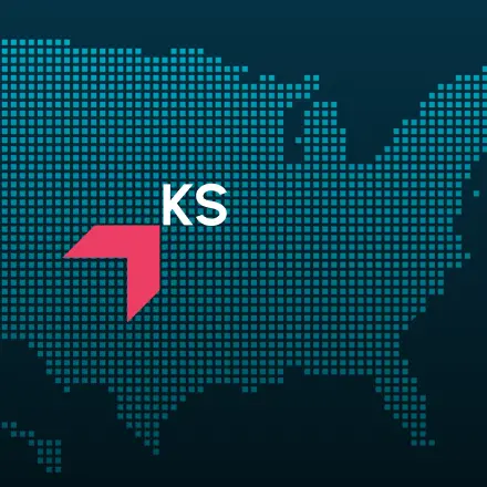 Map highlighting Kansas with a red arrow, representing GIA Group, LLC truck insurance coverage area.