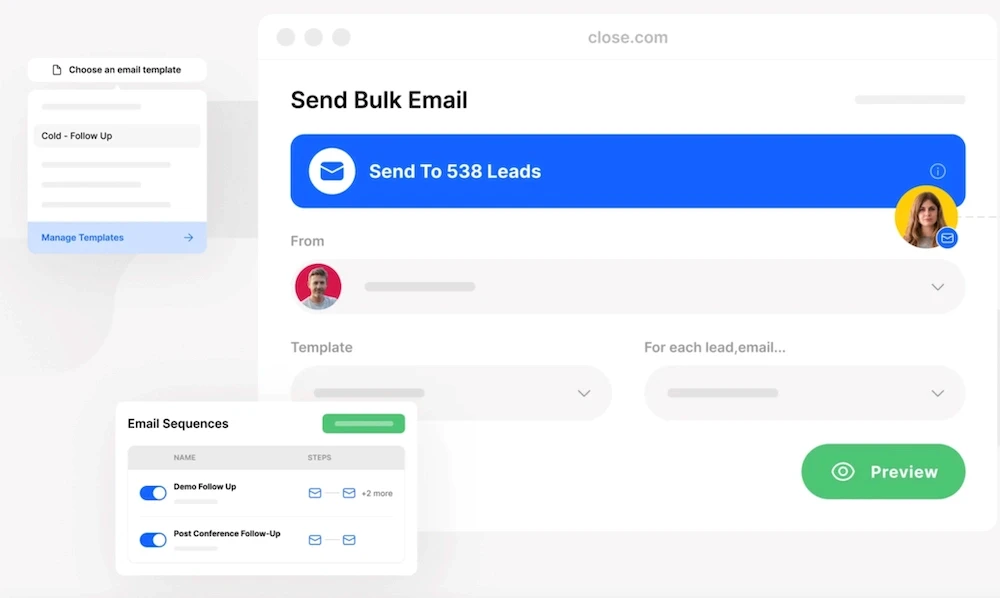Close email sequence editor 2026 showing a multi-touch cadence with email LinkedIn and call steps in sequence.