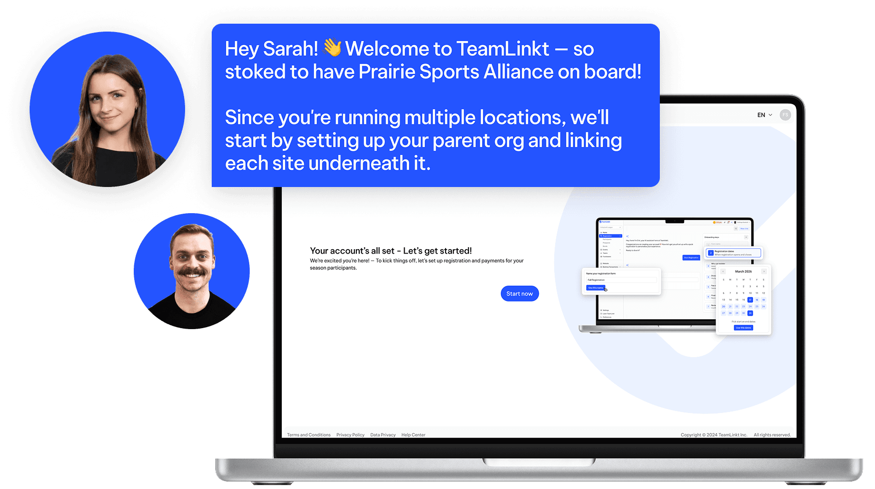 TeamLinkt rapid operator onboarding chat showing a new multi-location sports organization being set up