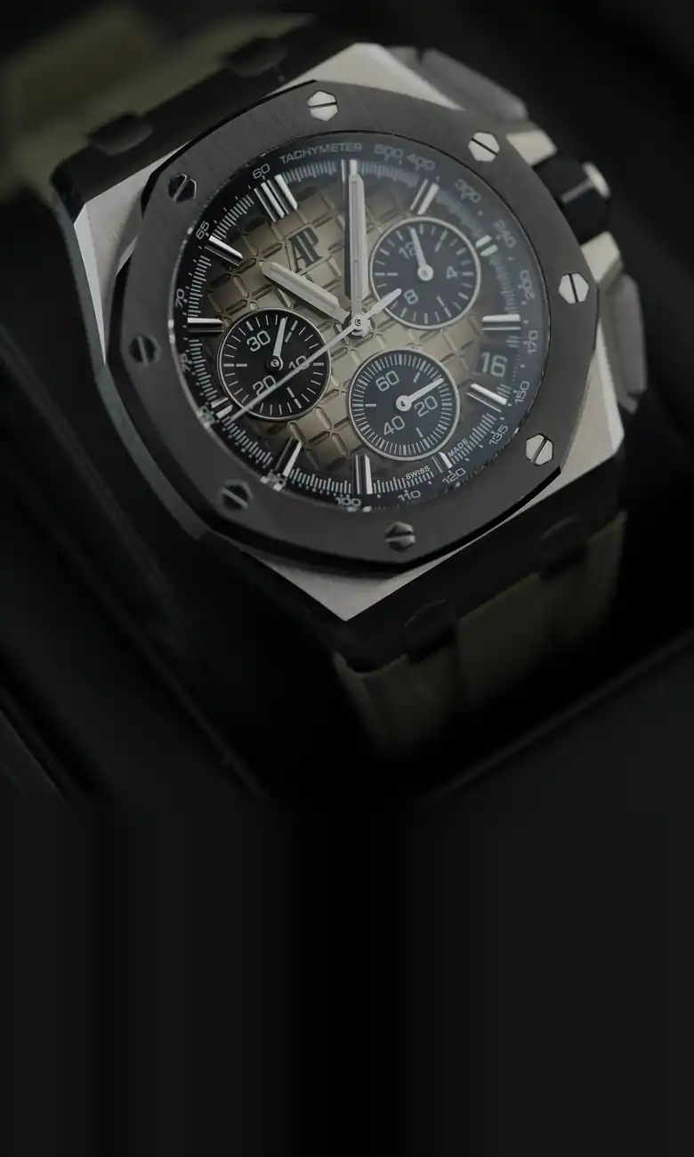 Audemars Piguet Royal Oak Offshore 26420SO chronograph with smoke grey dial, valued at today’s Dubai market price