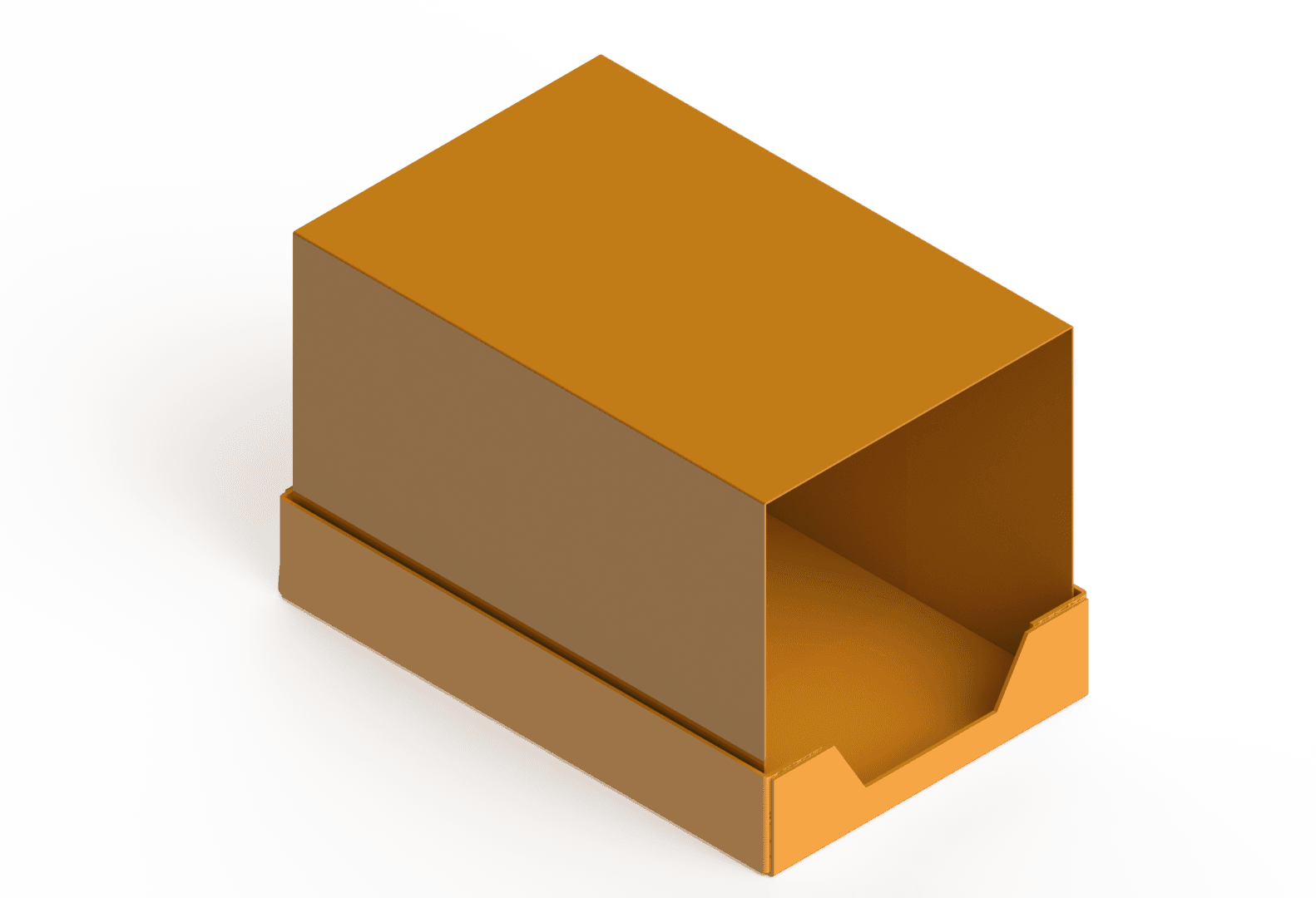 3D-Modell einer braunen Box mit offener Vorderseite. Darstellung von Verpackung. 