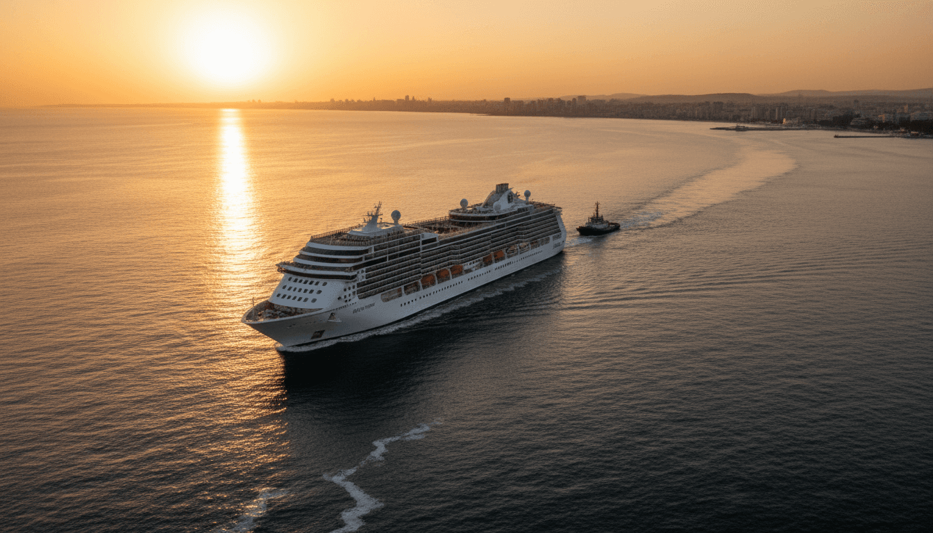 A large luxury cruise ship leaving harbor at sunset — a departure time that waits for no one