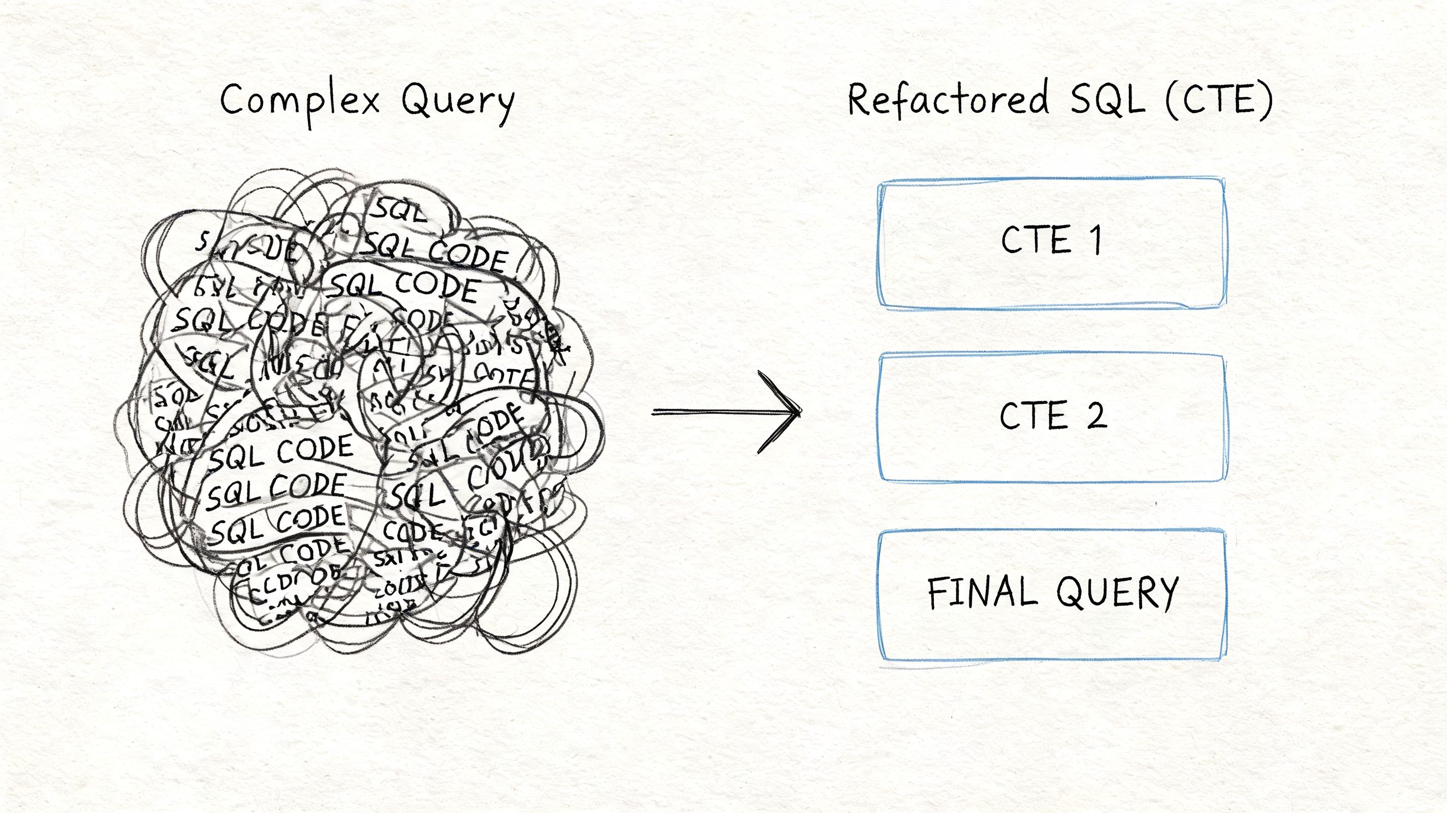 A diagram illustrating the refactoring of a complex, messy SQL query into clean, organized CTE blocks.