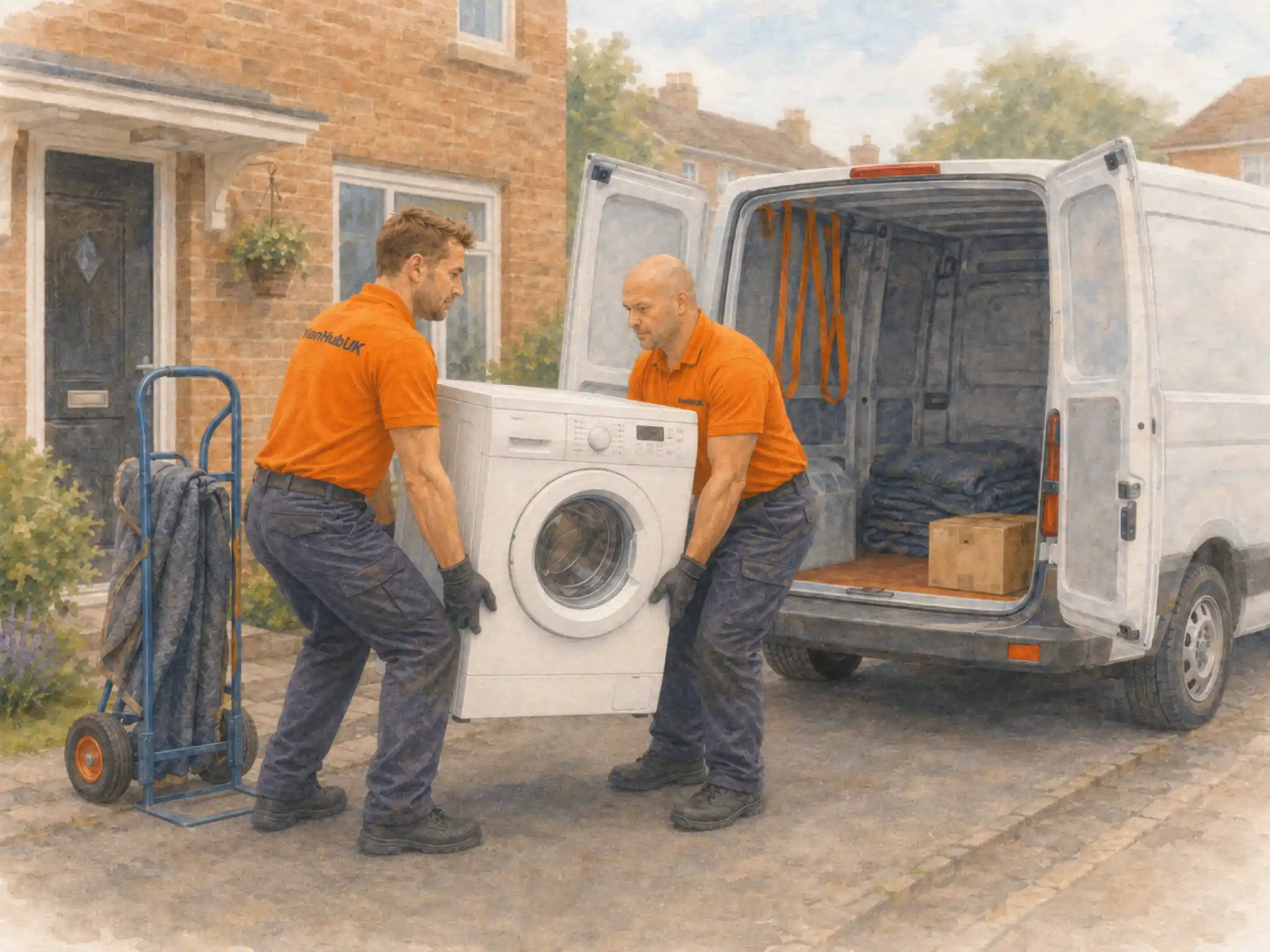 You’re right. That wording is wrong because it makes VanHub UK sound like the operator.  Better alt text:  **Two van drivers collecting a washing machine from a UK home and loading it into an open white van with a trolley and moving blankets nearby.**