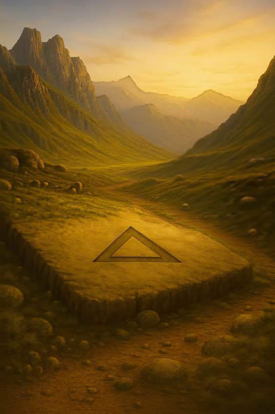 Stone engraved with a triangle symbol in a sunlit valley — representing balance, integration, and the beginning of the journey toward clarity.