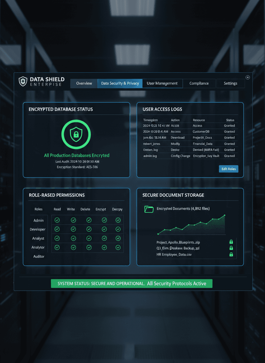 “Enterprise data security and privacy dashboard showing encrypted storage status, user access logs, and role-based permissions.”