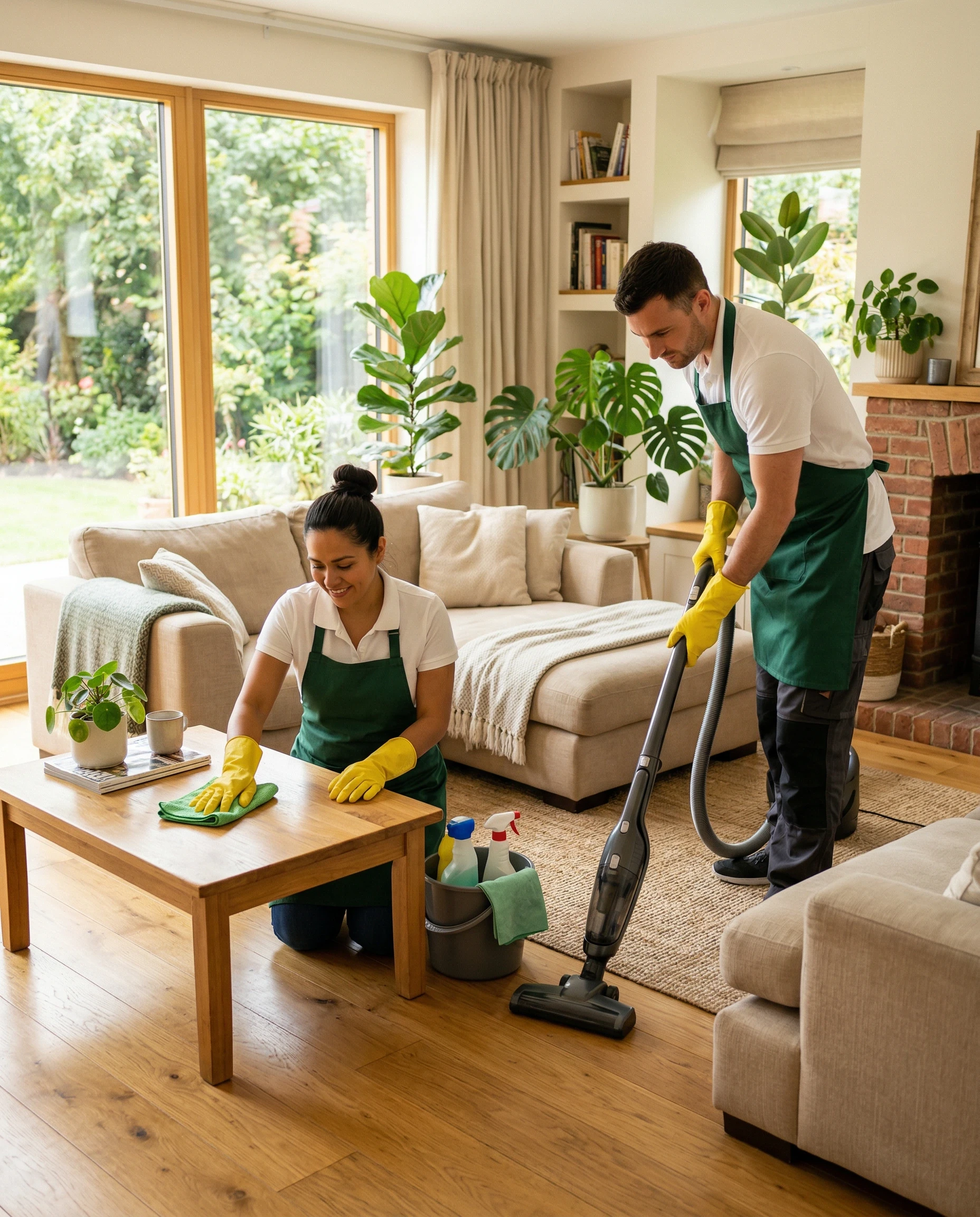 Two cleaners tidying a living room with plants and furniture.