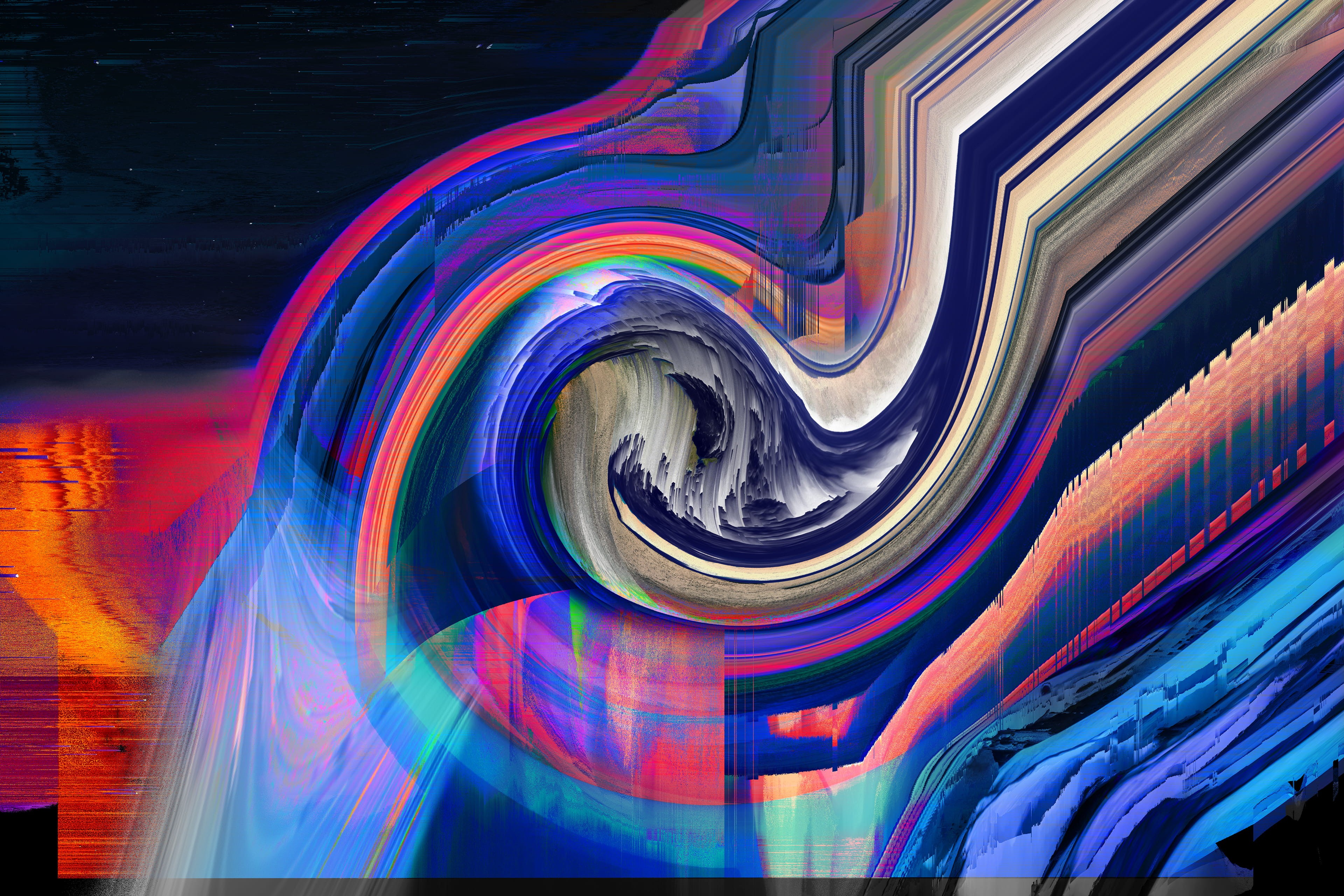 Abstract glitch artwork with pixel-sorting distortion and fluid color gradients
