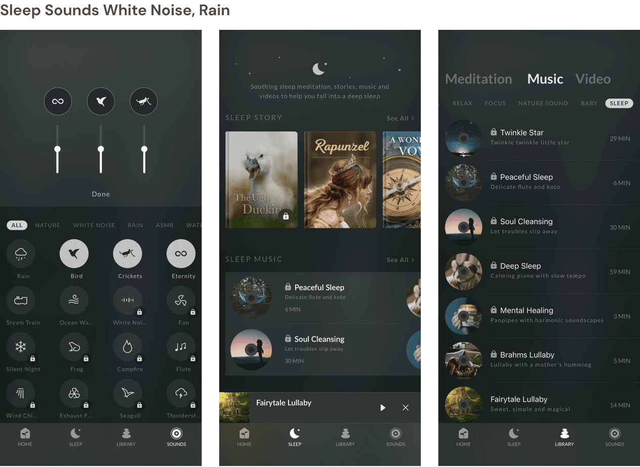 3 screenshots from Sleep Sounds White Noise, Rain