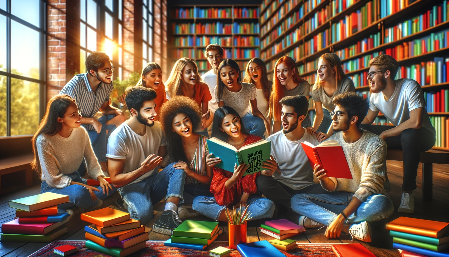 Un groupe diversifié de jeunes adultes ou étudiants assis dans une bibliothèque lumineuse, lisant des livres ensemble avec enthousiasme, entourés d'étagères remplies de livres colorés, symbolisant l'apprentissage collaboratif, la passion pour l'éducation et l'accès à des informations pertinentes autour des aides et soutiens pour les jeunes