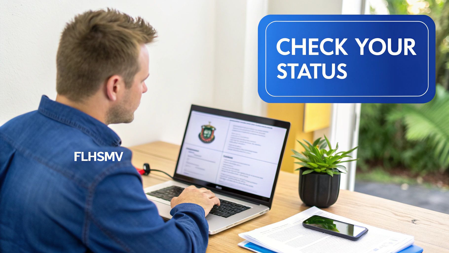A man checking his status on a laptop, with a prominent 'CHECK YOUR STATUS' sign and 'FLHSMV' text.