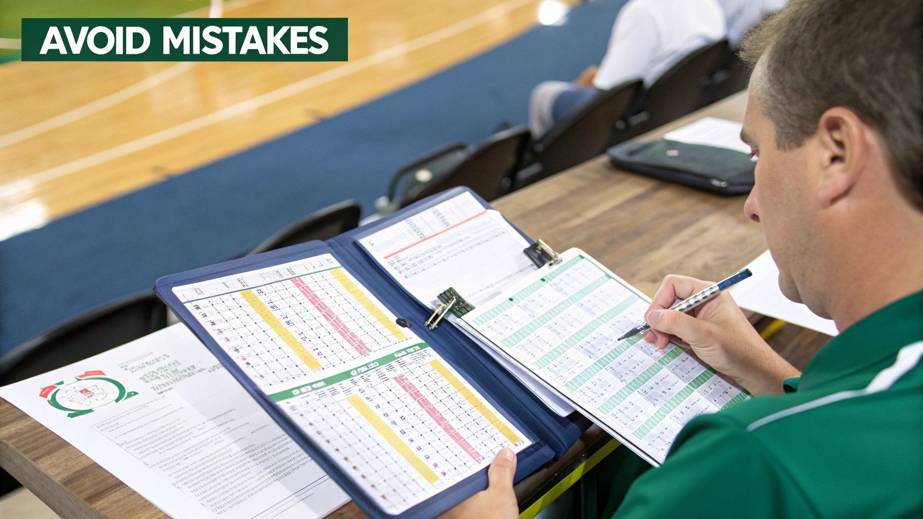 An official carefully records data on a score sheet at a sports event, with 'AVOID MISTAKES' overlay.