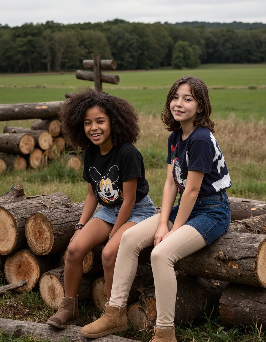 Two young friends sitting on stacked logs in a countryside setting with green meadow and forest backdrop on an overcast day