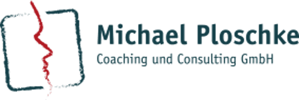 Michael Ploschke Logo: Coaching und Consulting GmbH.  Rot-blaue Grafik mit Gesicht-Profil
