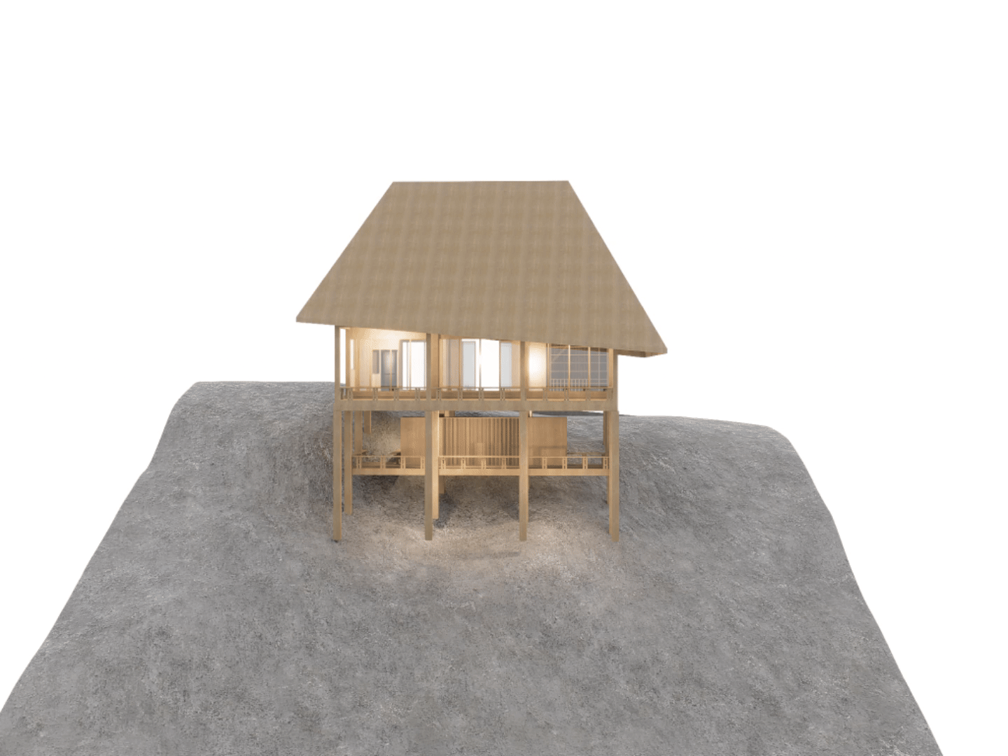 Animated study model of Uma Batukaru cycling through front, side, rear and plan views