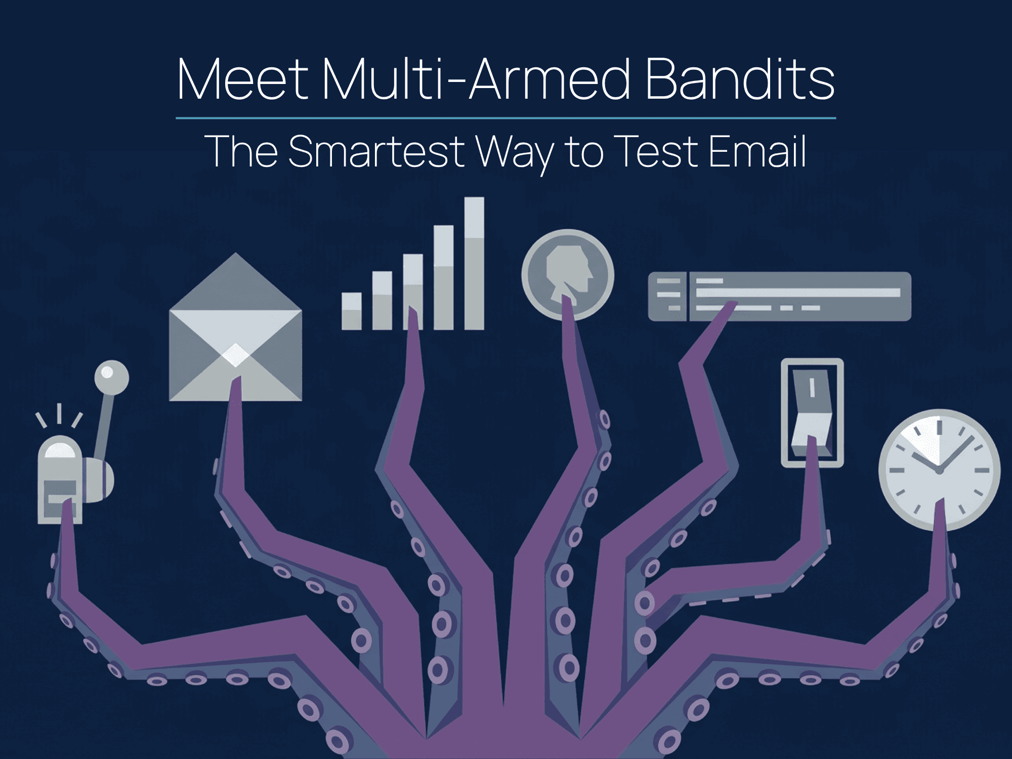 Geometric illustration of purple octopus tentacles rising from the bottom of the frame, each gripping a different email marketing object: an envelope, a bar chart, a coin, a subject line bar, a slot machine lever, a phone, and a clock. Deep navy background.
