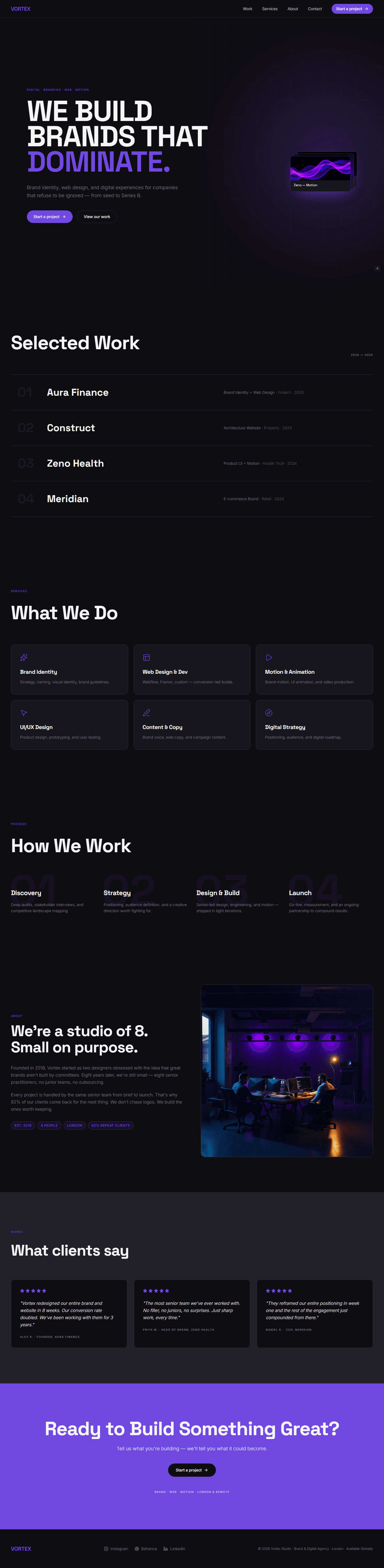 Digital agency website prompt full preview — near-black #0a0a0f background with electric violet #6b3ce8 accent, radial gradient glow on right side with subtle violet grid pattern overlay, three floating stacked project preview cards bottom-right each slightly rotated and staggered in from right on mount, Space Grotesk 700 bold hero headline left-aligned, four full-width work rows with large faded project numbers behind each, and six-service grid with violet lucide icons and box-shadow hover glow
