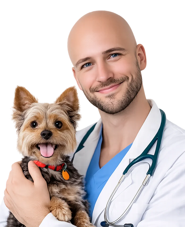 Male vet holding Yorkshire Terrier