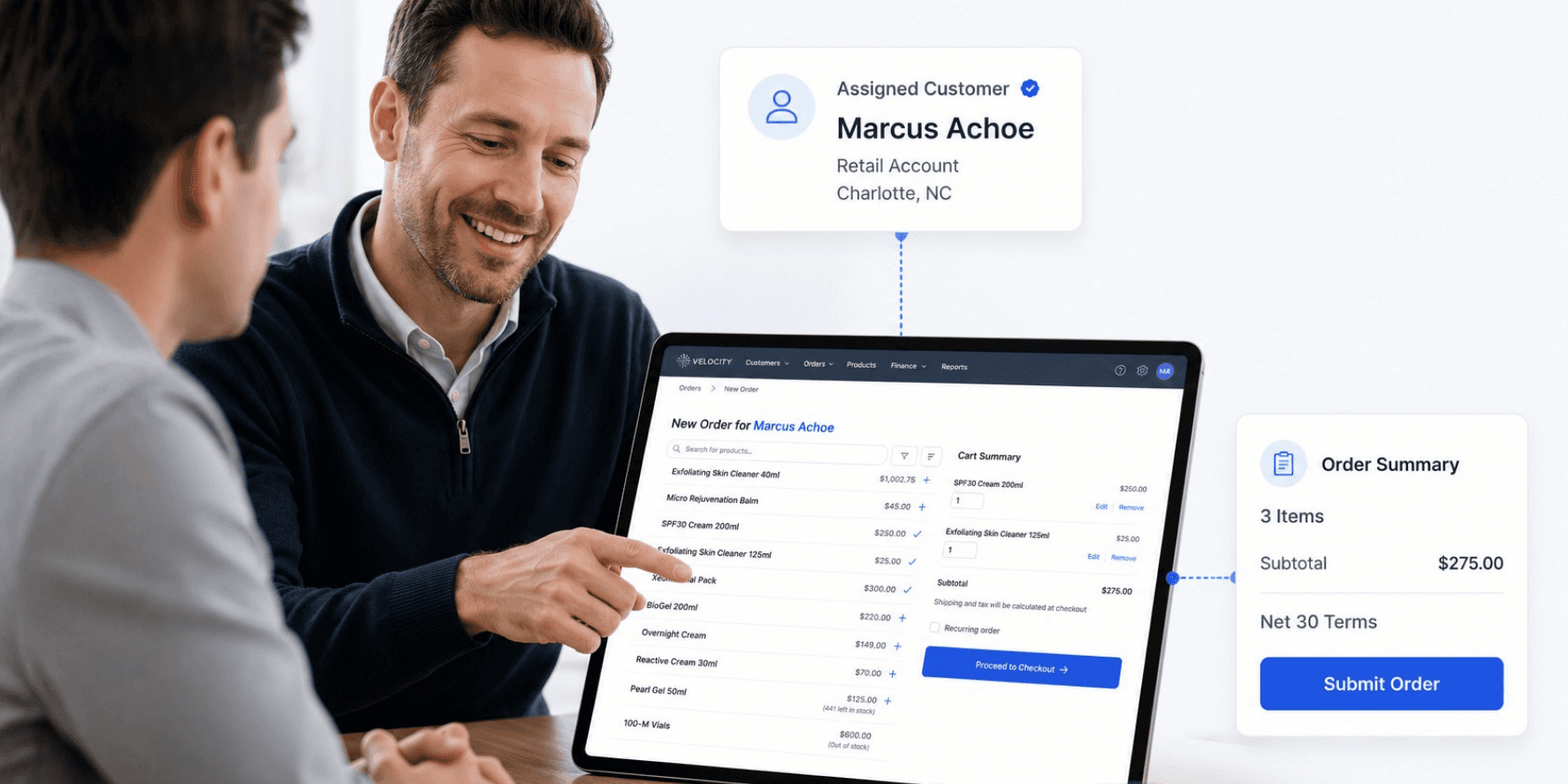 Sales rep placing a B2B order from a mobile ordering app