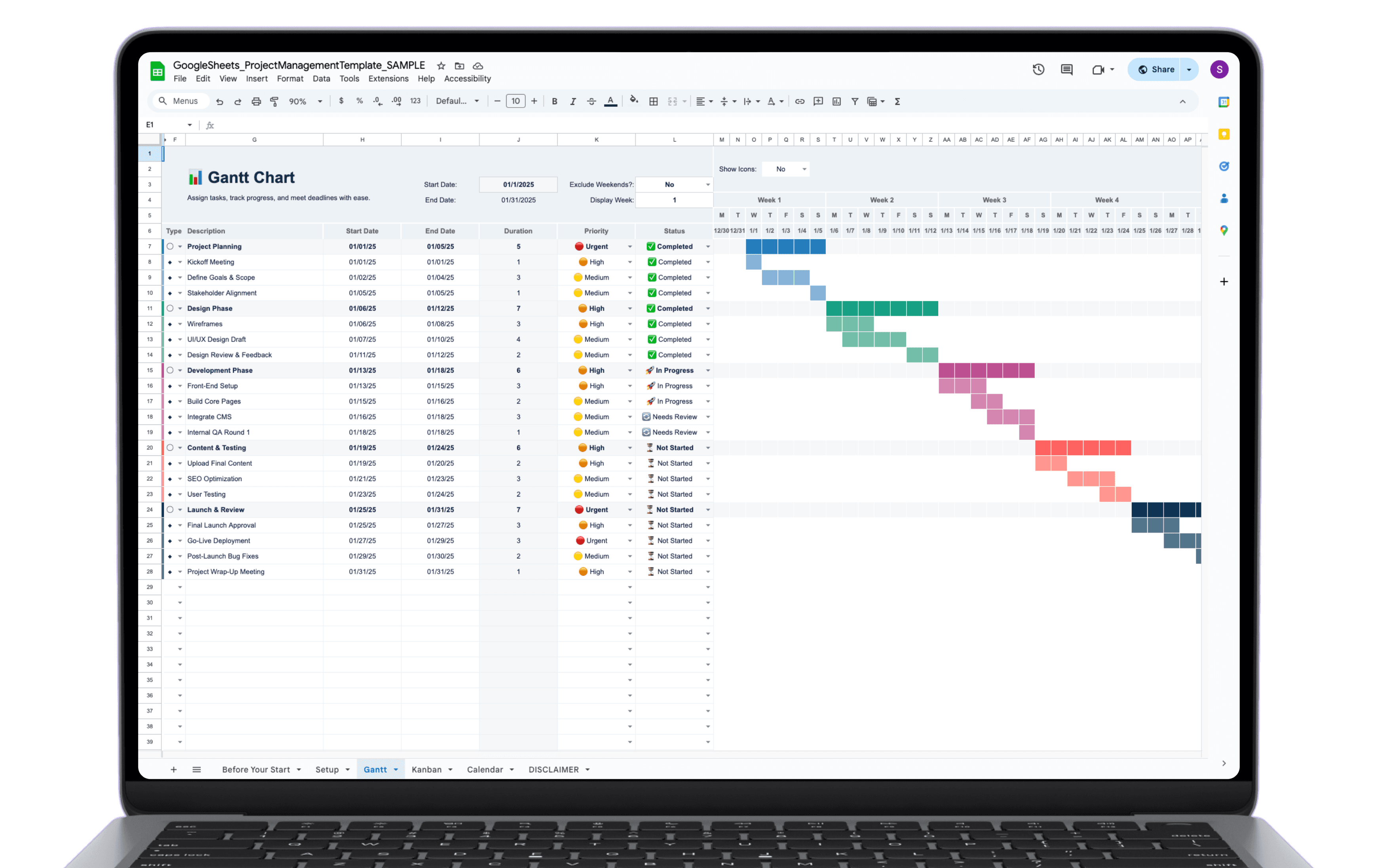 Screenshot of the Project Management Template Gantt chart in Google Sheets, showing tasks grouped by phase with start dates, durations, priority, status, and a color-coded weekly timeline.
