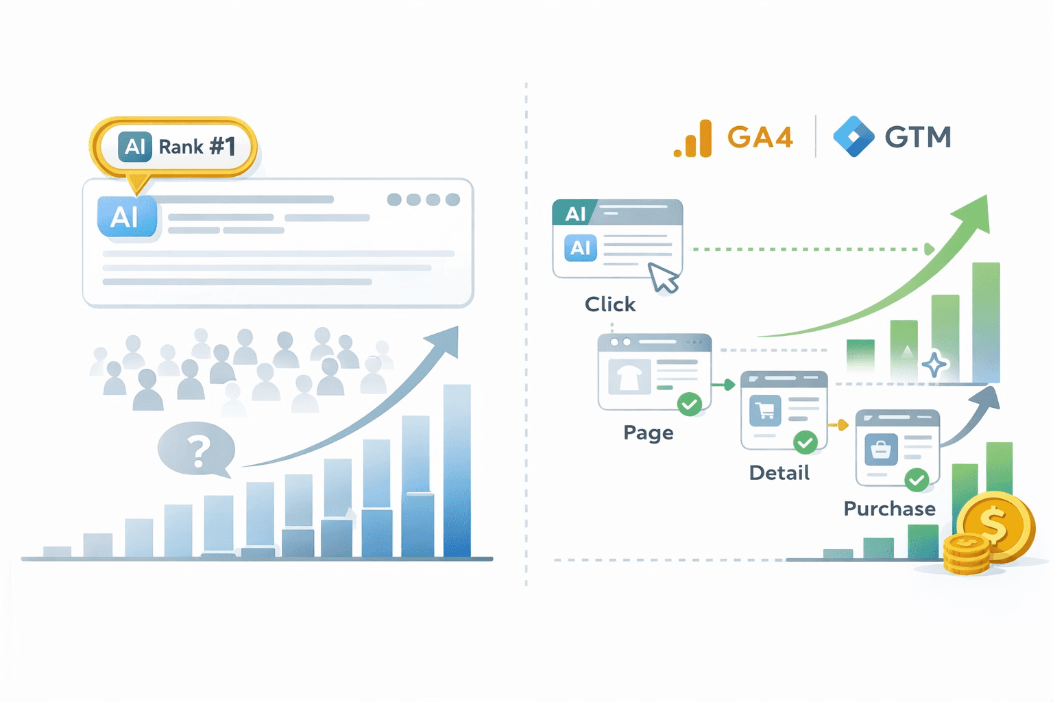 AI search SEO AEO GEO ranking vs GA4 GTM purchase conversion tracking