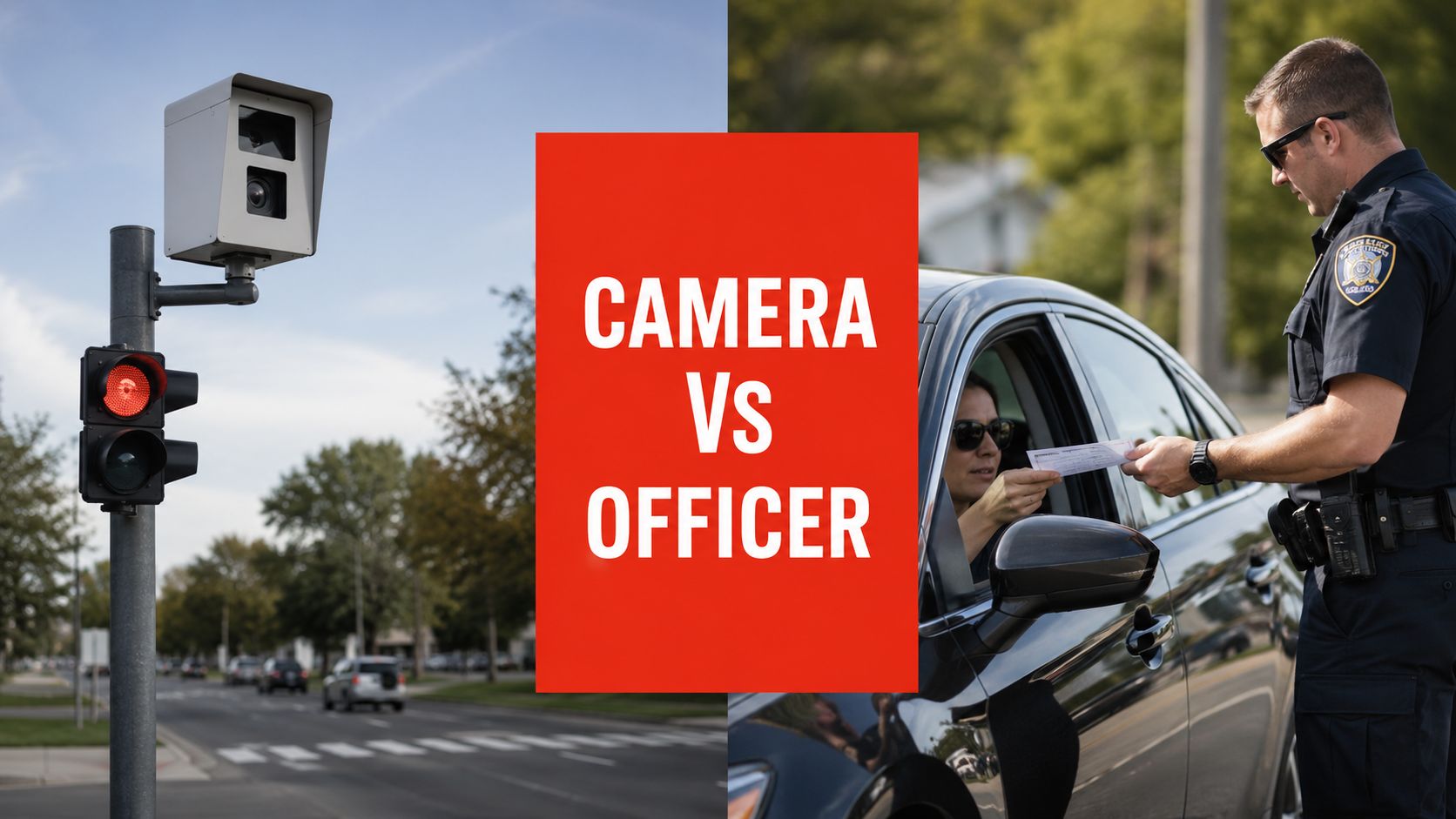 A split screen comparing a red light traffic camera and a police officer issuing a citation to a driver.