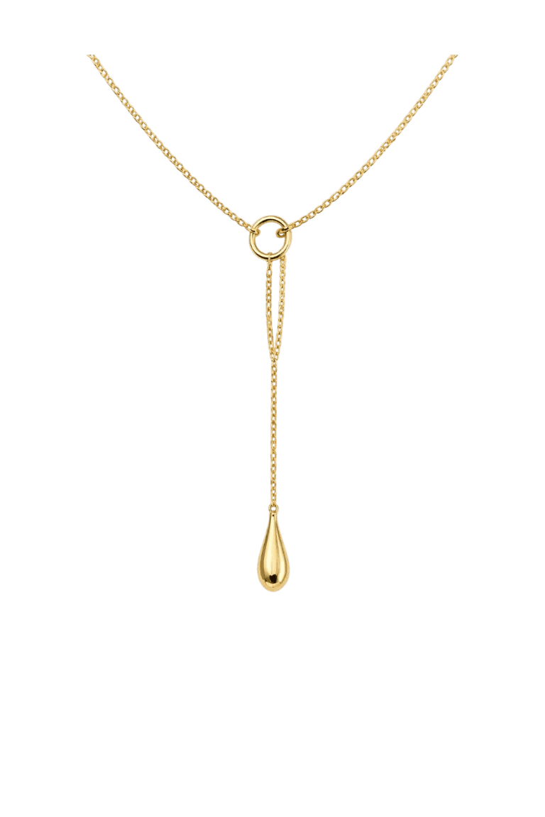 Gold necklace with a teardrop pendant on a white background