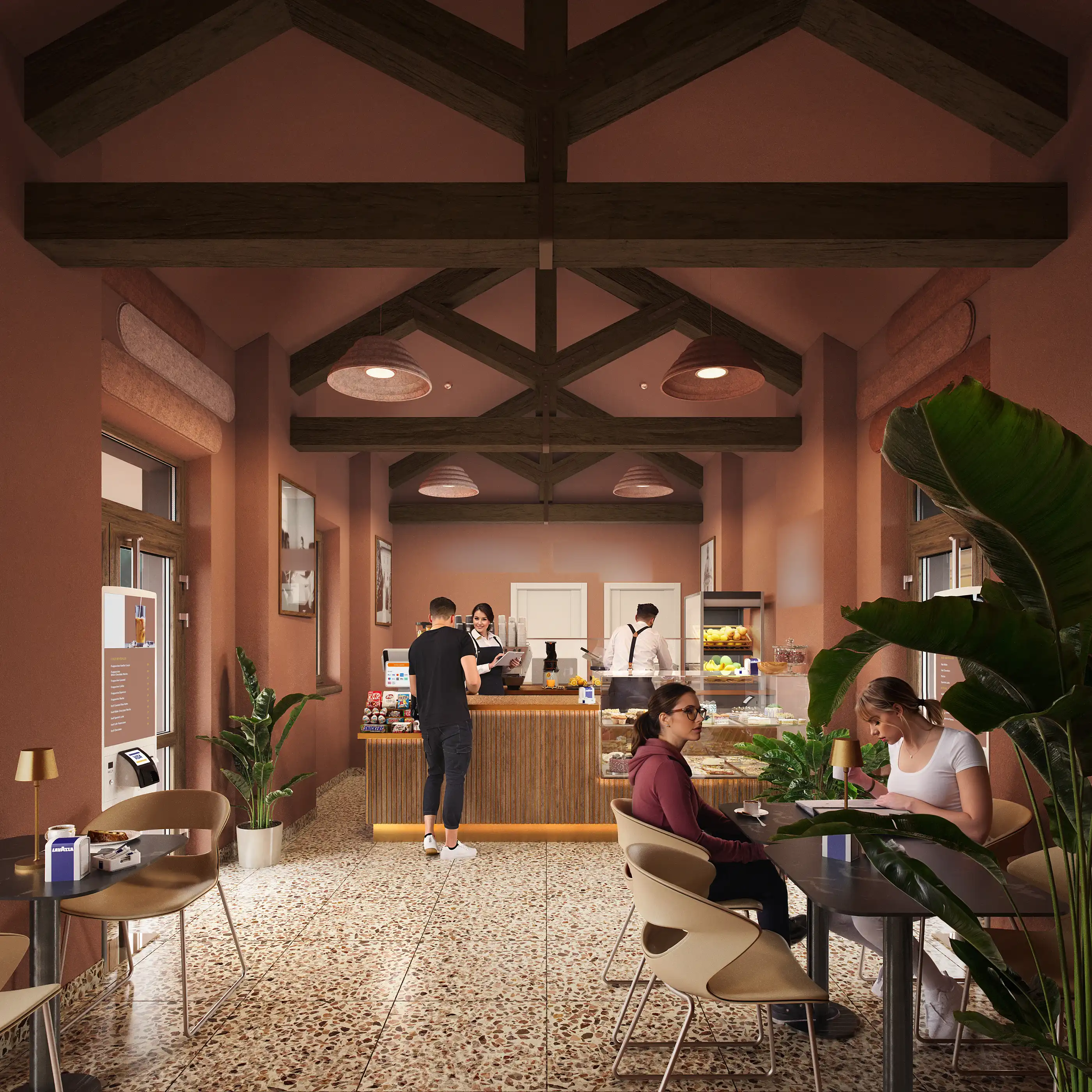 Inviting café interior with high wooden vaulted ceiling, service counter, and pastry display. Rustic-modern bar and café 3D rendering.