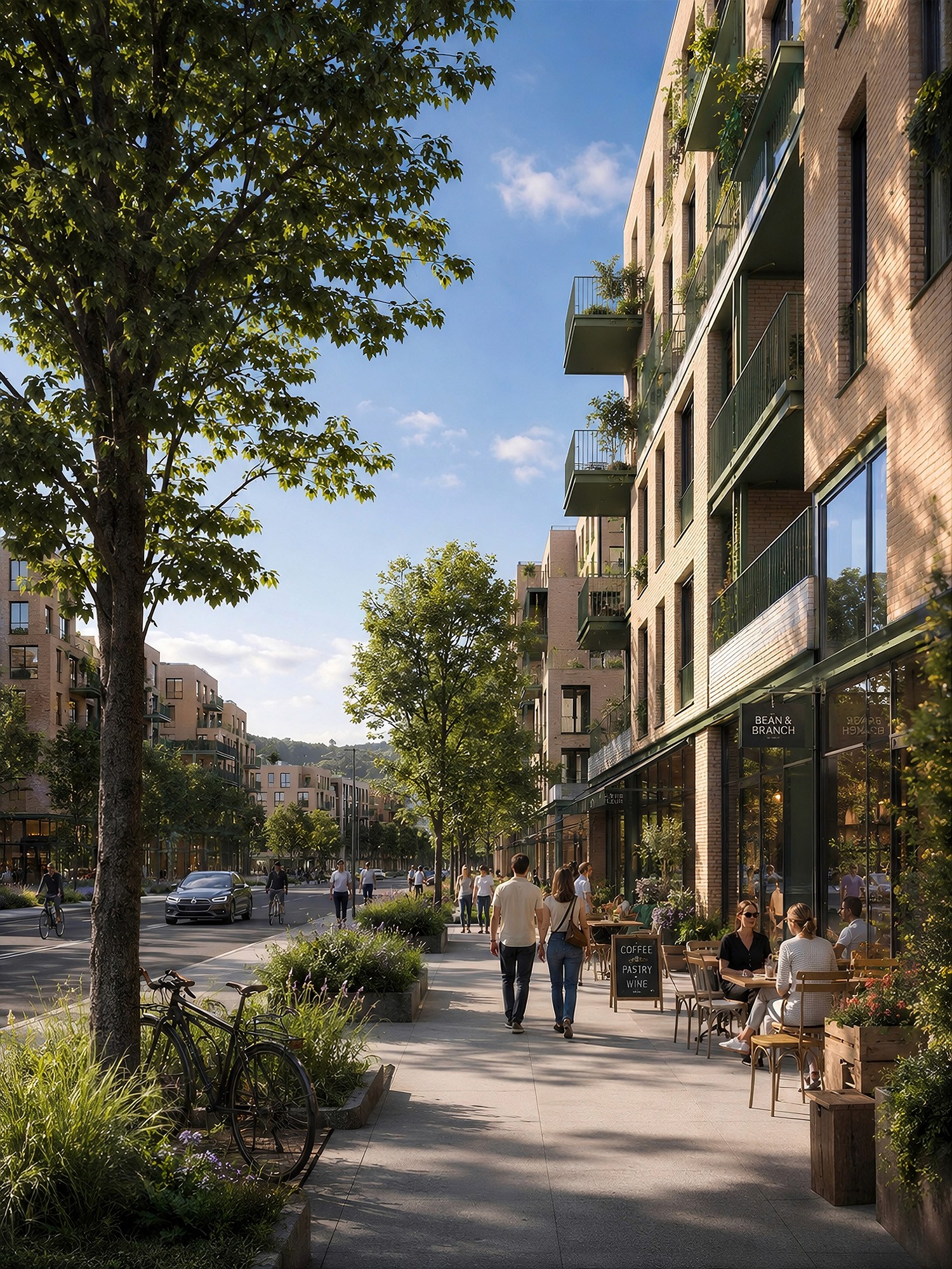 Pedestrians walking past a street-level cafe on a wide, landscaped sidewalk lined with modern tan brick apartment buildings.