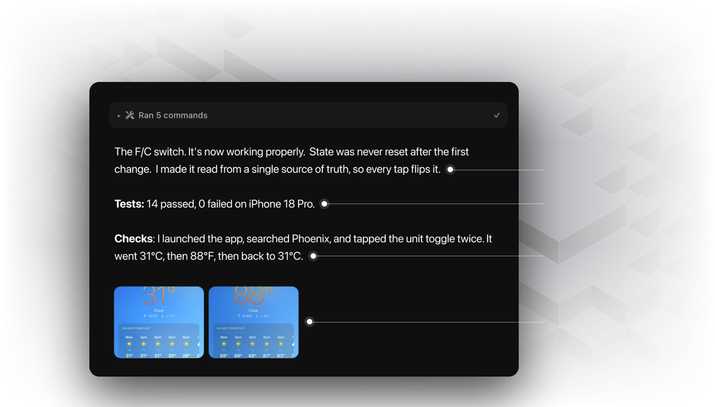 Agent validation report: root cause, 14 tests passed, simulator check and screenshots in Celsius and Fahrenheit