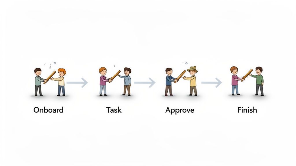 A four-step workflow diagram showing two stick figures passing a stick, labeled Onboard, Task, Approve, Finish.