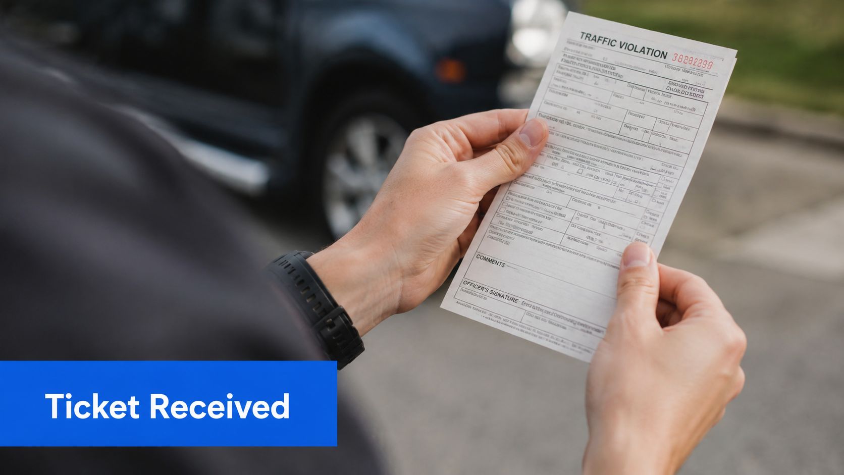A person holding a traffic violation ticket while standing in front of a parked vehicle.