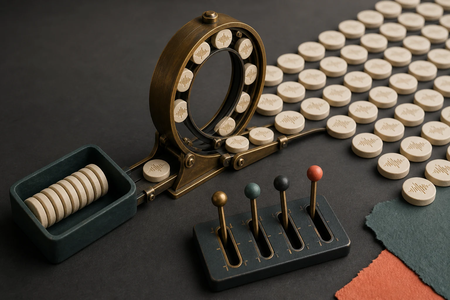 A small set of human-labelled voice tokens grows into a larger collection while four precise control levers remain visible.