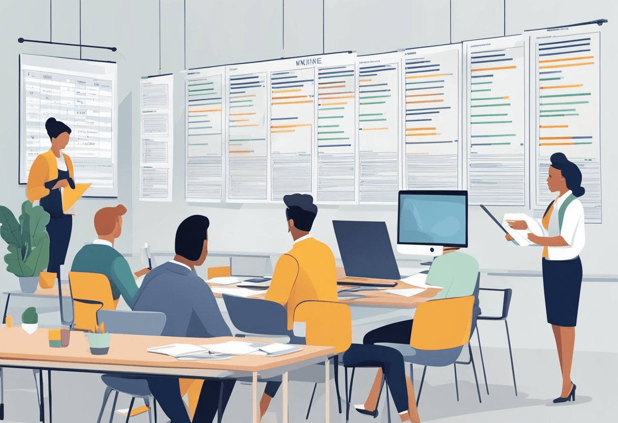 An HR manager reviews a timeline, coordinates with team, and plans for smooth transitions during notice periods