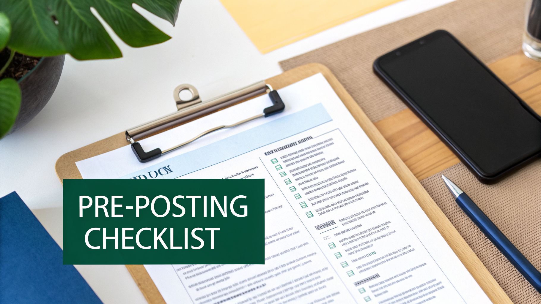 A pre-posting checklist on a clipboard on a desk next to a smartphone, pen, and plant.