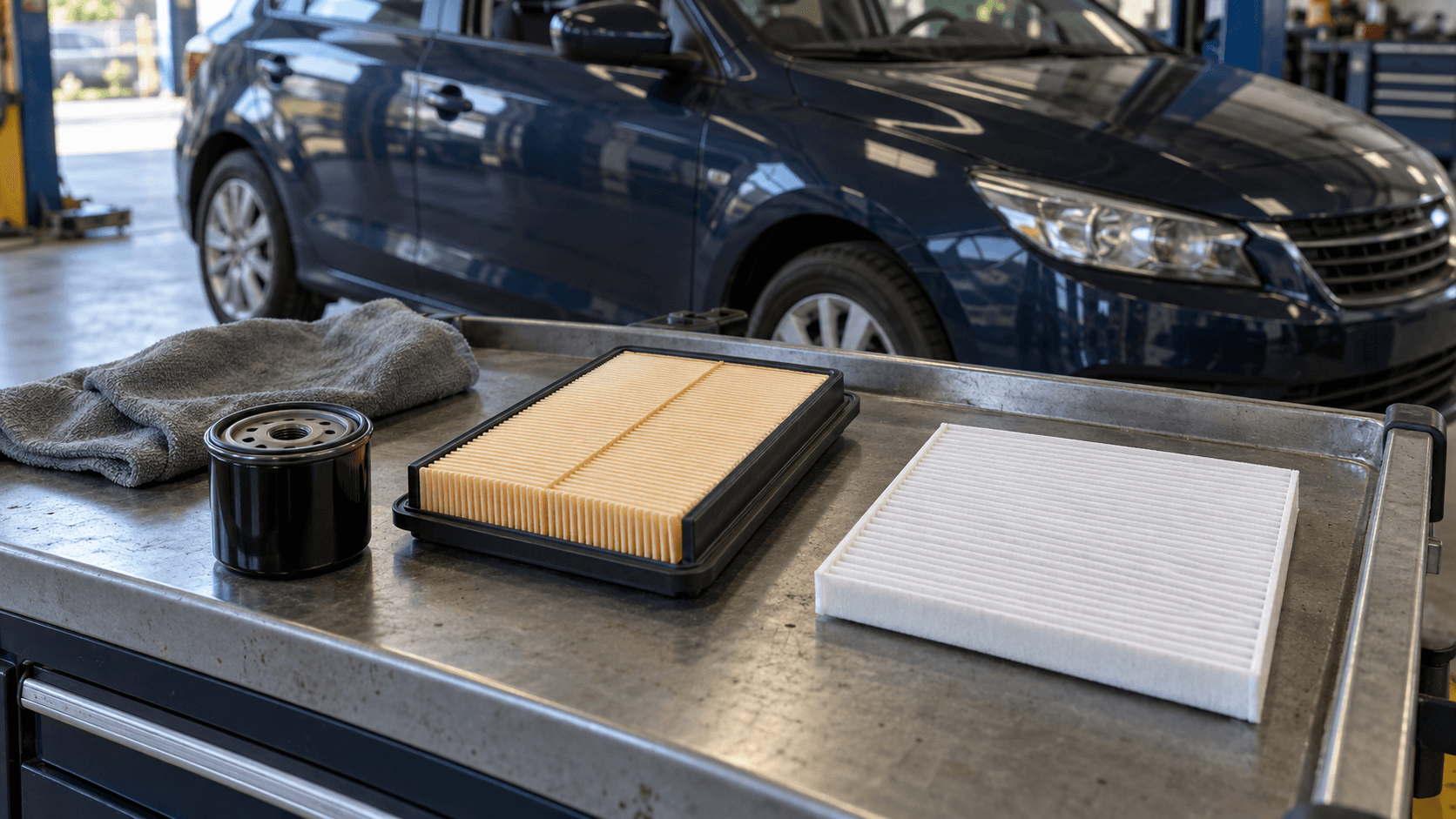 Trois filtres automobiles distincts sont disposés sur une desserte devant une voiture.