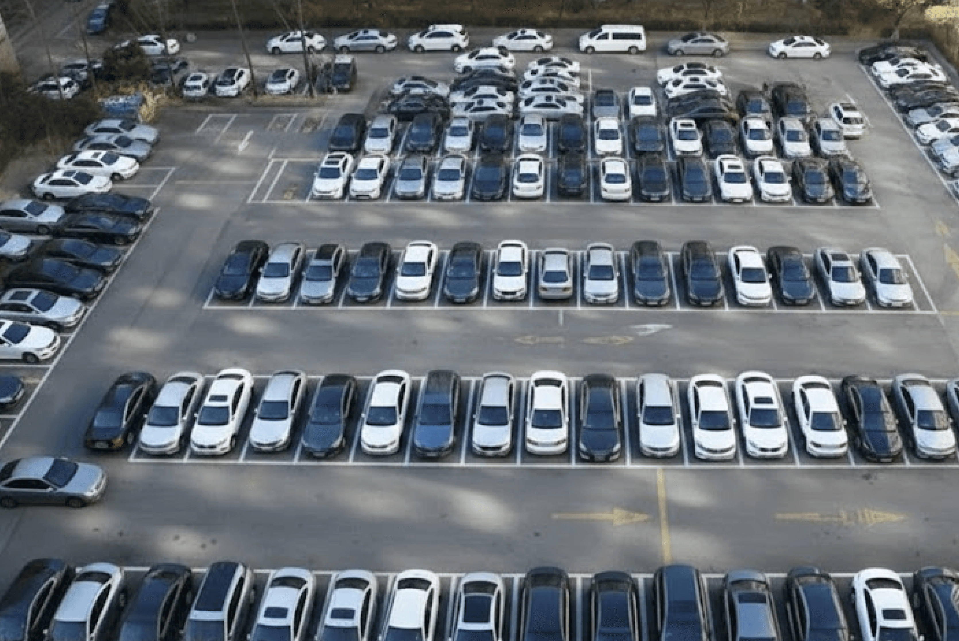 위에서 내려다본 야외 주차장에 수십 대의 승용차들이 줄지어 정차해 있는 모습으로, 차량들이 질서 정연하게 주차 칸을 채우고 있습니다.