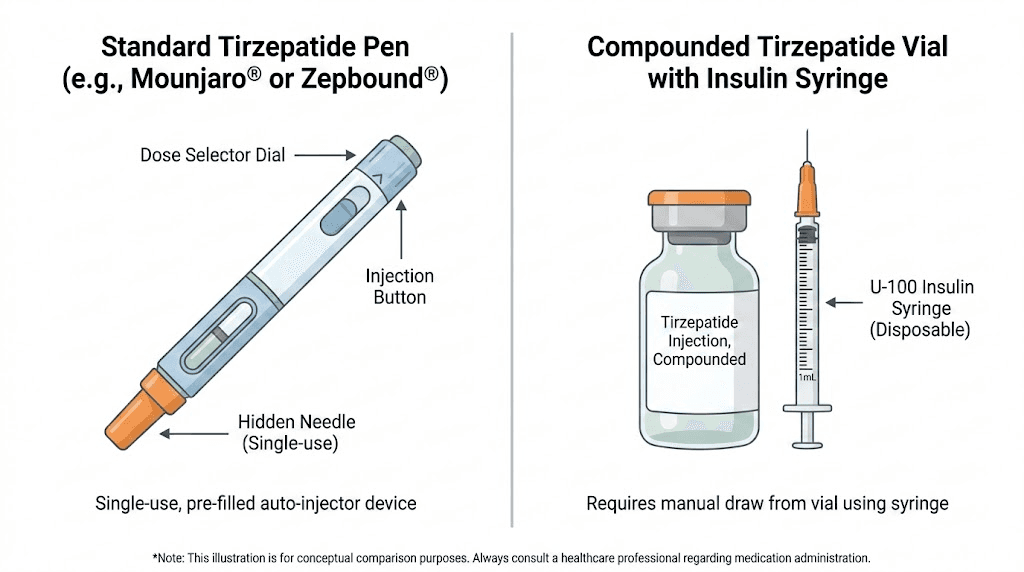 Standard tirzepatide pen versus compounded vial showing microdosing flexibility
