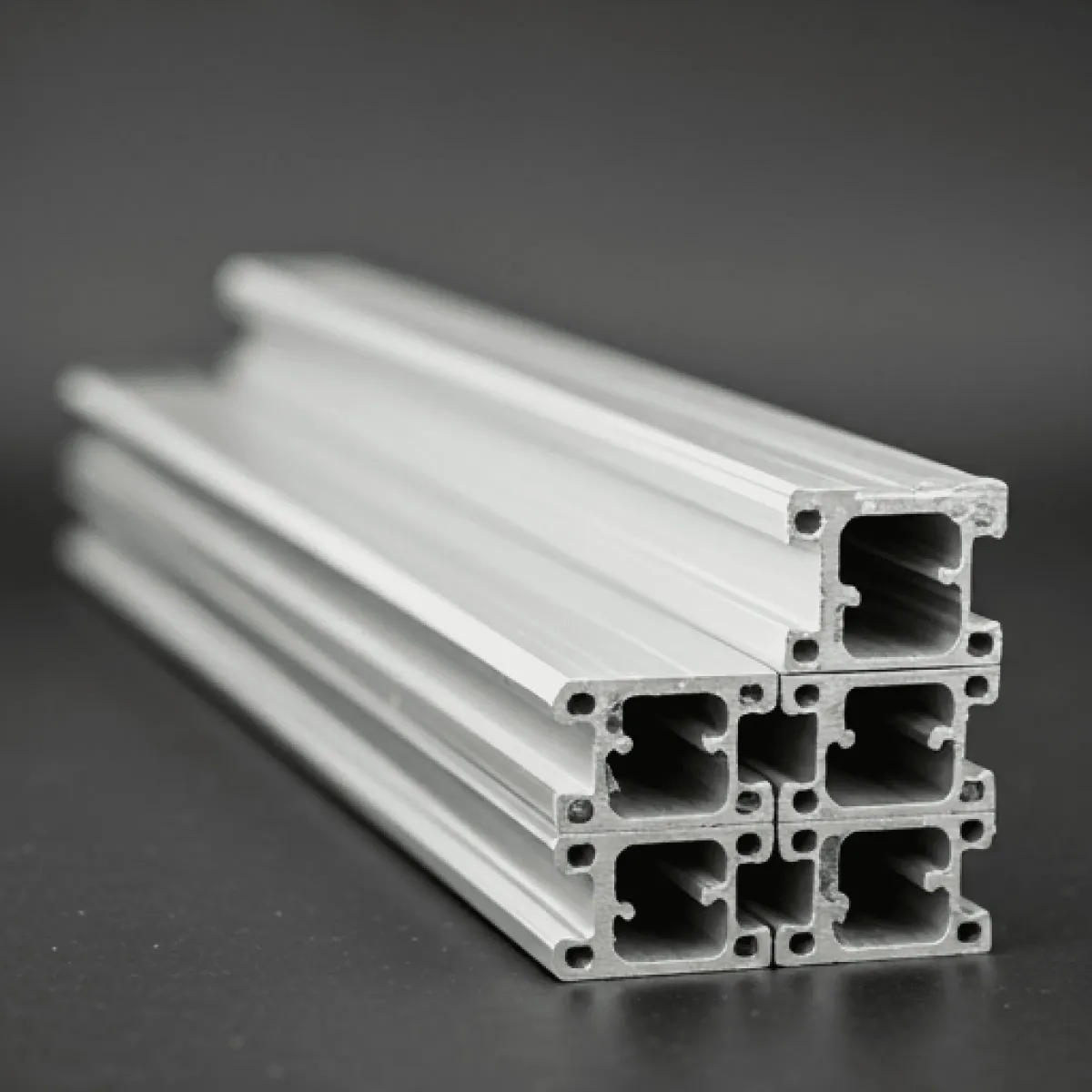 Stack of four aluminum extrusion profiles for construction and manufacturing.