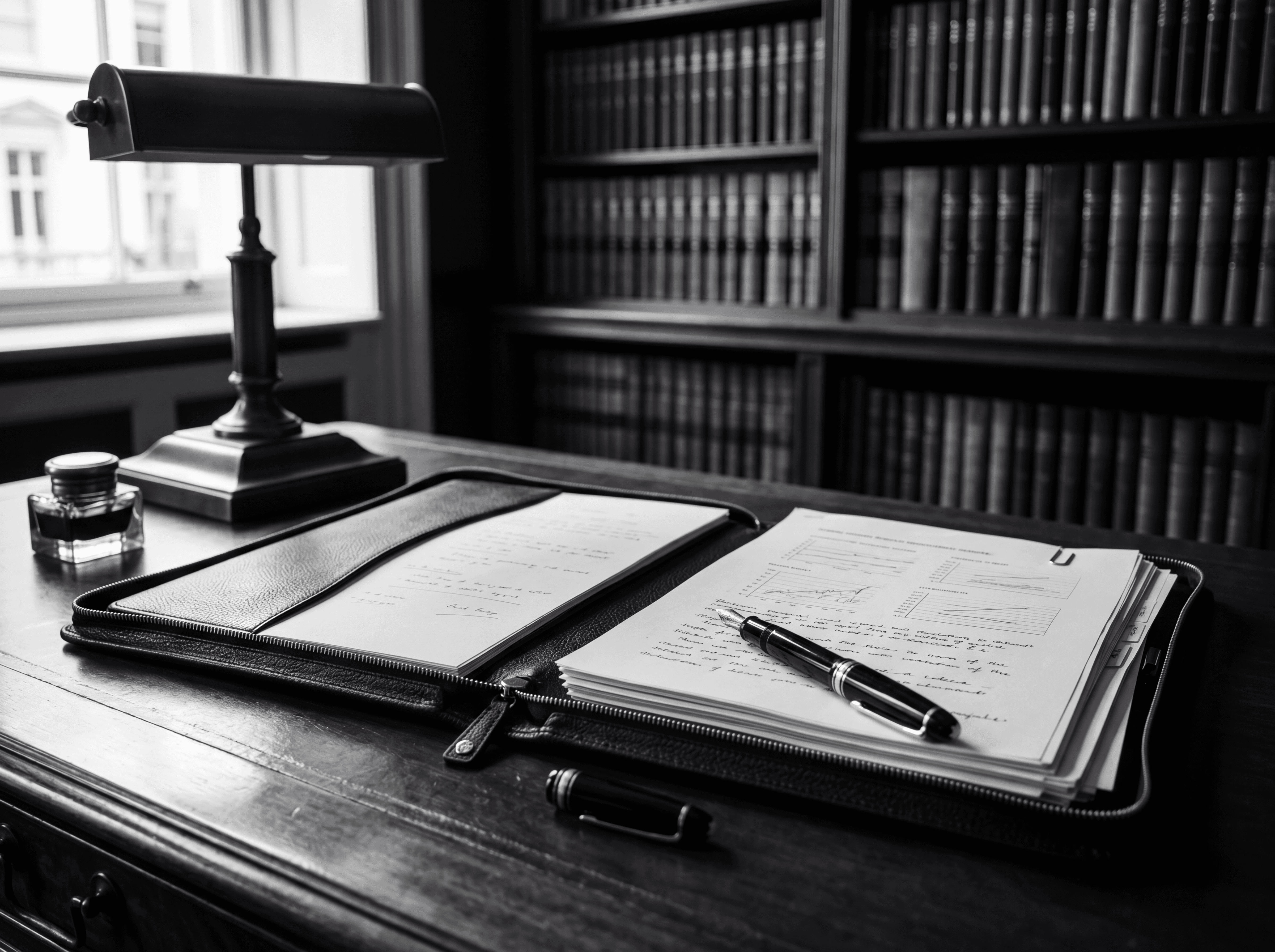 A leather folio and fountain pen on a polished wood desk in a Prime London study, illustrating source of funds preparation for Russian-speaking property buyers, monochrome editorial photograph